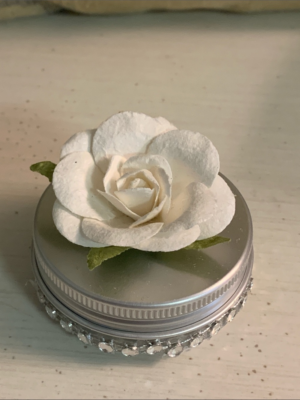 HANDMADE White Floral Metal Trinket Tin Lid Decor with Rhinestone Trim
